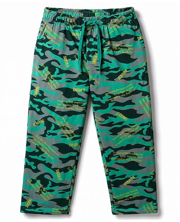 Pine Kids 100% Cotton Knit Half Sleeves Rhino Text & Camouflage Printed T-Shirt & Pyjama Night Suit - Green