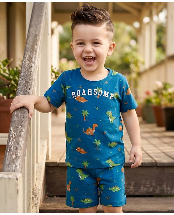 Babyhug 100% Cotton Knit Half Sleeves Co-Ords Dino Printed T-Shirt & Shorts Night Suit - Teal Blue