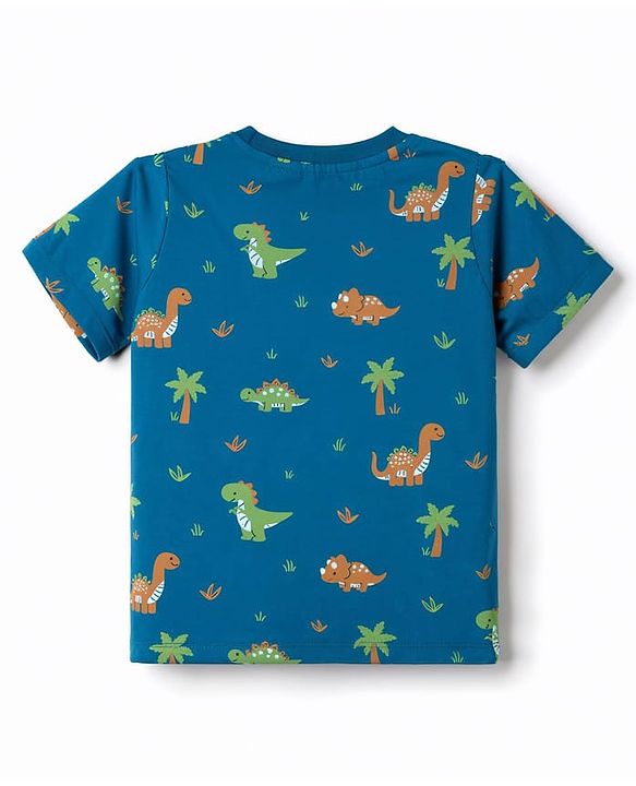 Babyhug 100% Cotton Knit Half Sleeves Co-Ords Dino Printed T-Shirt & Shorts Night Suit - Teal Blue