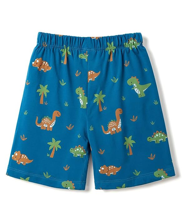 Babyhug 100% Cotton Knit Half Sleeves Co-Ords Dino Printed T-Shirt & Shorts Night Suit - Teal Blue