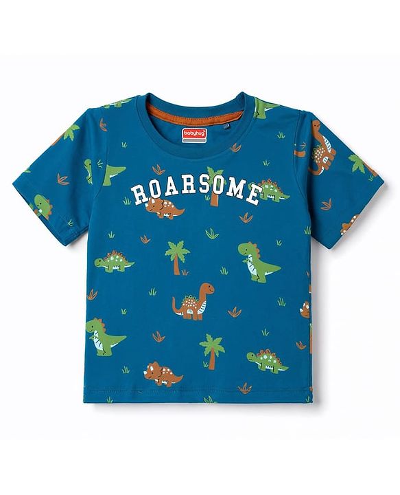 Babyhug 100% Cotton Knit Half Sleeves Co-Ords Dino Printed T-Shirt & Shorts Night Suit - Teal Blue