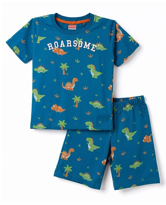 Babyhug 100% Cotton Knit Half Sleeves Co-Ords Dino Printed T-Shirt & Shorts Night Suit - Teal Blue