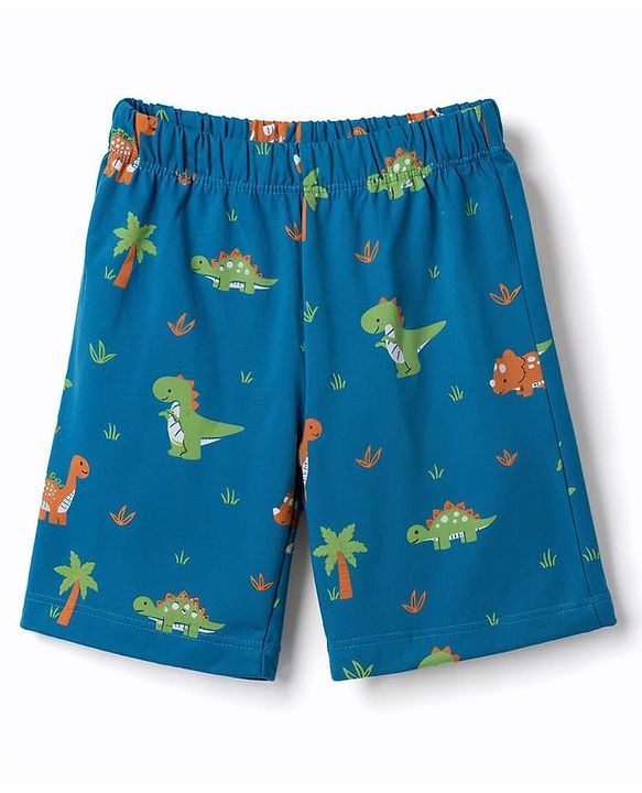 Babyhug 100% Cotton Knit Half Sleeves Co-Ords Dino Printed T-Shirt & Shorts Night Suit - Teal Blue