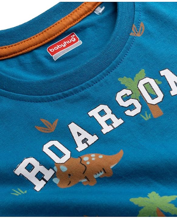 Babyhug 100% Cotton Knit Half Sleeves Co-Ords Dino Printed T-Shirt & Shorts Night Suit - Teal Blue