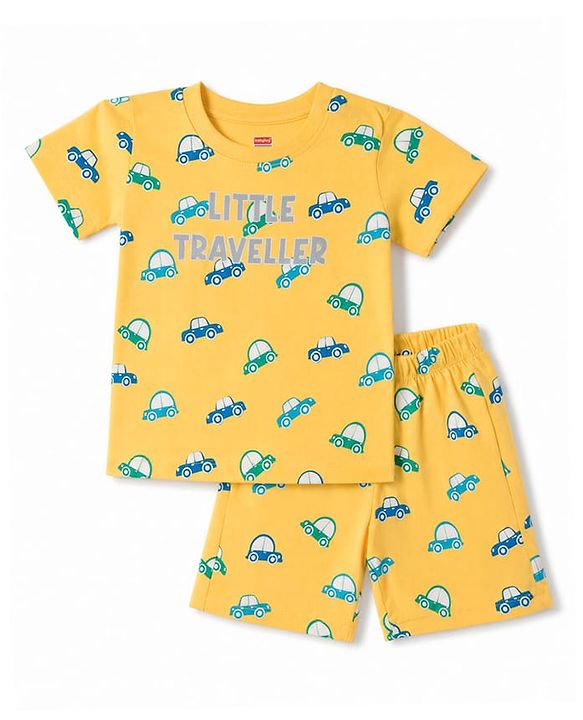 Babyhug 100% Cotton Knit Half Sleeves Co-Ords T-Shirts & Shorts Night Suit Car Print - Yellow