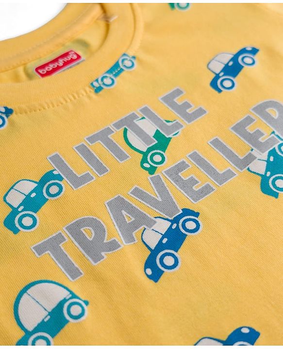 Babyhug 100% Cotton Knit Half Sleeves Co-Ords T-Shirts & Shorts Night Suit Car Print - Yellow