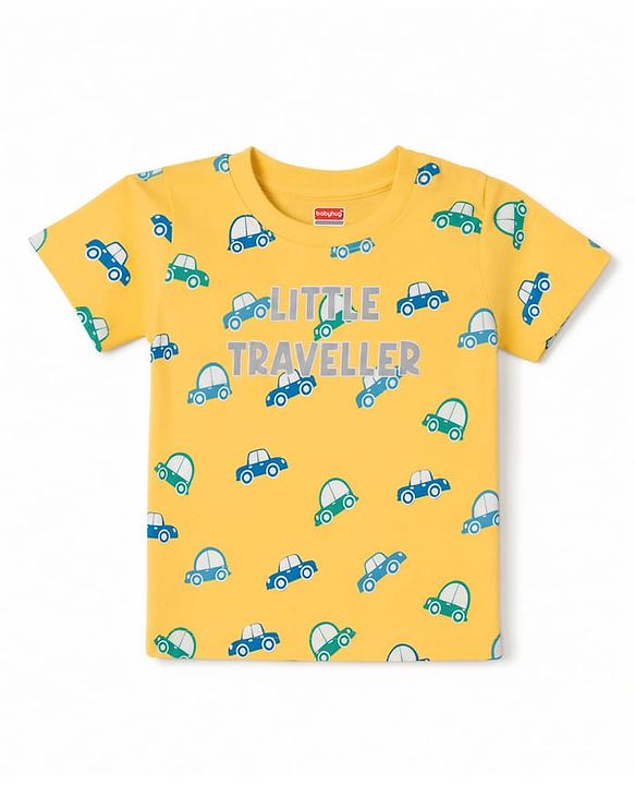 Babyhug 100% Cotton Knit Half Sleeves Co-Ords T-Shirts & Shorts Night Suit Car Print - Yellow
