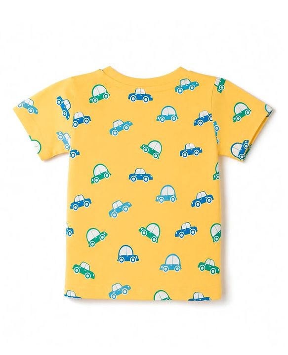 Babyhug 100% Cotton Knit Half Sleeves Co-Ords T-Shirts & Shorts Night Suit Car Print - Yellow