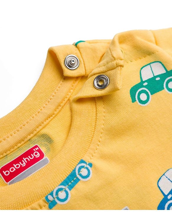 Babyhug 100% Cotton Knit Half Sleeves Co-Ords T-Shirts & Shorts Night Suit Car Print - Yellow