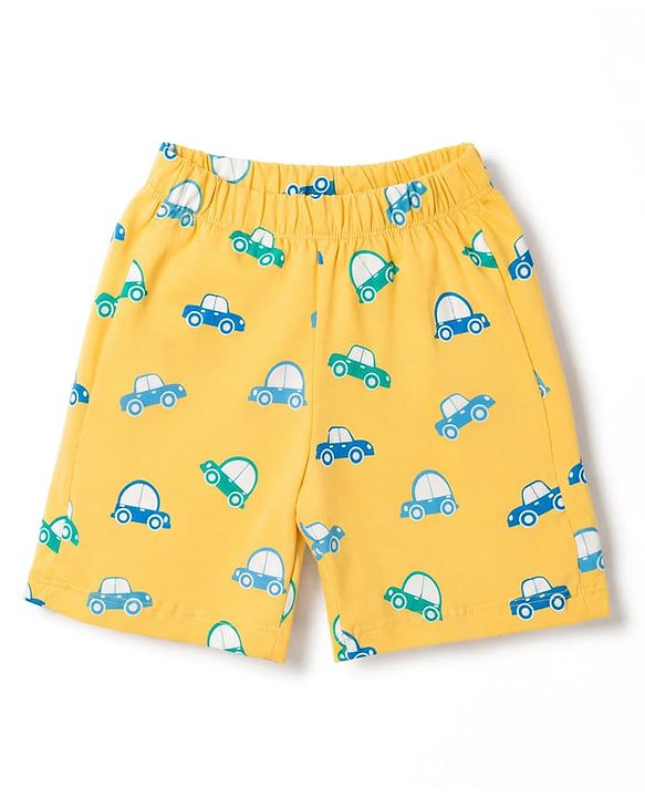 Babyhug 100% Cotton Knit Half Sleeves Co-Ords T-Shirts & Shorts Night Suit Car Print - Yellow