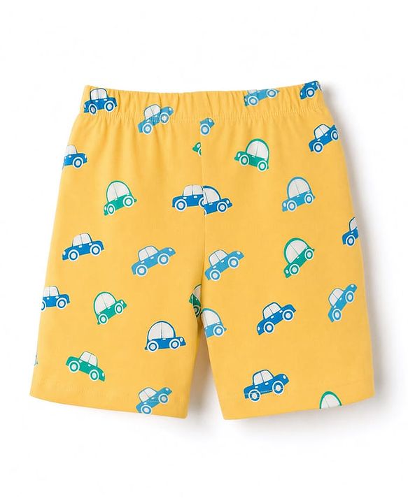 Babyhug 100% Cotton Knit Half Sleeves Co-Ords T-Shirts & Shorts Night Suit Car Print - Yellow