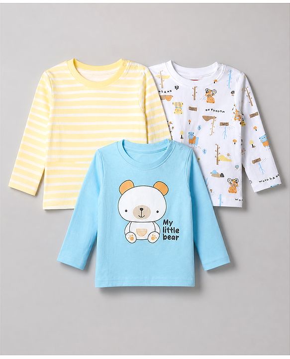 Babyhug 100% Cotton Interlock Knit Full Sleeves Round Neck T-shirts With Stripes And Bear Print Pack Of 3 - Blue Yellow & White