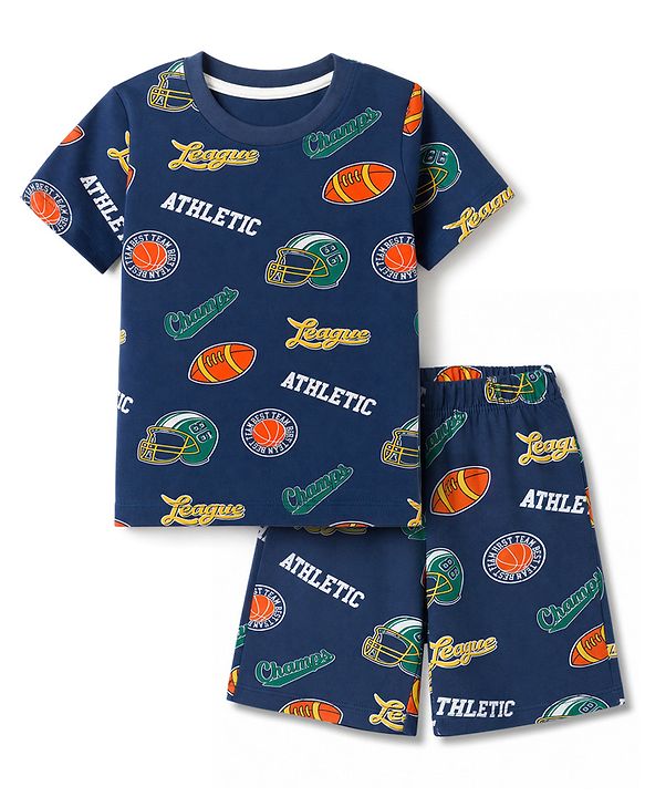 Babyhug 100% Cotton Knit Half Sleeves Co-Ords T-Shirt & Shorts Night Suit with Sports Theme Print - Navy Blue