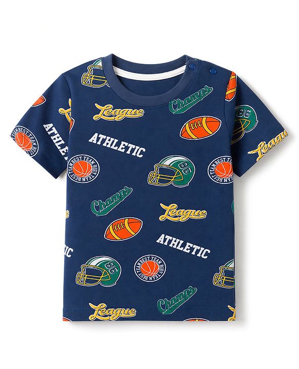 Babyhug 100% Cotton Knit Half Sleeves Co-Ords T-Shirt & Shorts Night Suit with Sports Theme Print - Navy Blue