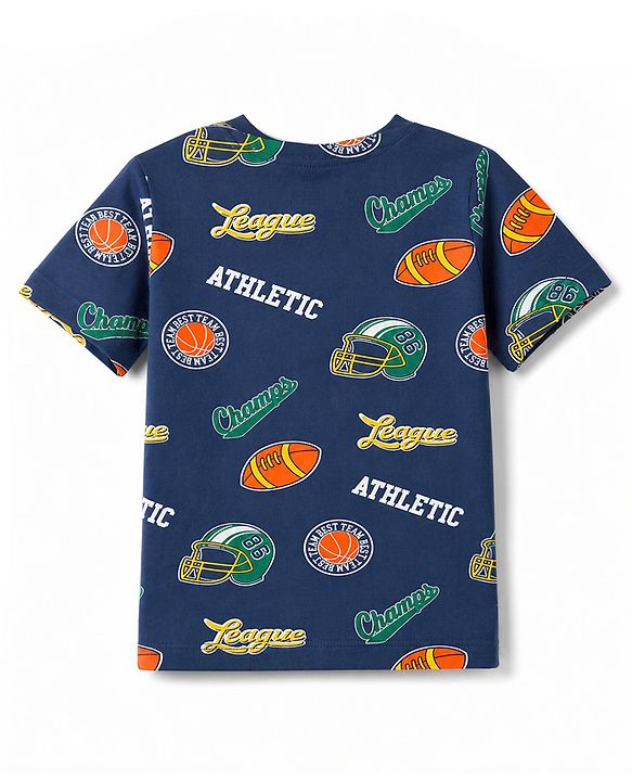 Babyhug 100% Cotton Knit Half Sleeves Co-Ords T-Shirt & Shorts Night Suit with Sports Theme Print - Navy Blue