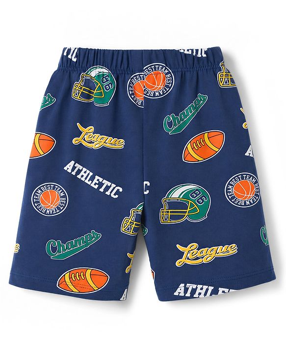 Babyhug 100% Cotton Knit Half Sleeves Co-Ords T-Shirt & Shorts Night Suit with Sports Theme Print - Navy Blue