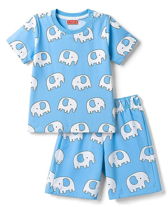 Babyhug 100% Cotton Knit Half Sleeves Co-Ords T-Shirt & Shorts Night Suit with Elephant Print -Light Blue