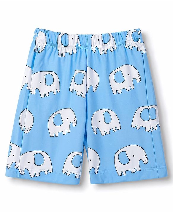 Babyhug 100% Cotton Knit Half Sleeves Co-Ords T-Shirt & Shorts Night Suit with Elephant Print -Light Blue