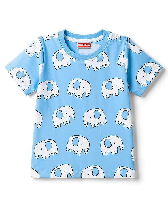 Babyhug 100% Cotton Knit Half Sleeves Co-Ords T-Shirt & Shorts Night Suit with Elephant Print -Light Blue