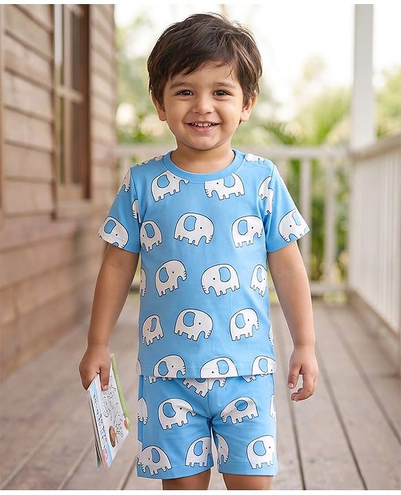 Babyhug 100% Cotton Knit Half Sleeves Co-Ords T-Shirt & Shorts Night Suit with Elephant Print -Light Blue