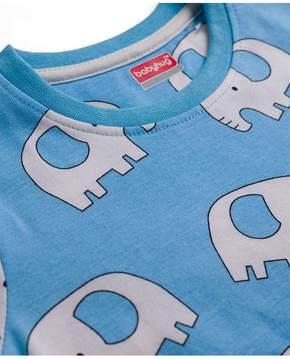 Babyhug 100% Cotton Knit Half Sleeves Co-Ords T-Shirt & Shorts Night Suit with Elephant Print -Light Blue