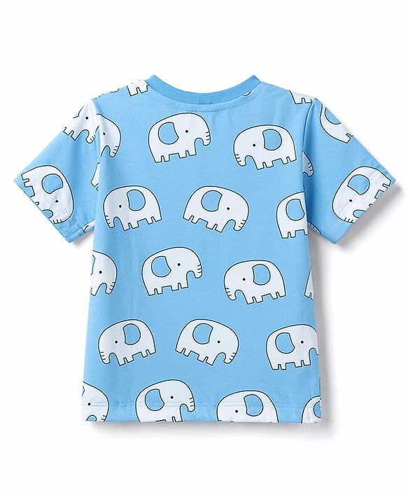 Babyhug 100% Cotton Knit Half Sleeves Co-Ords T-Shirt & Shorts Night Suit with Elephant Print -Light Blue