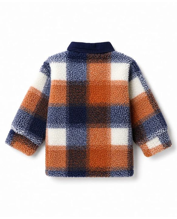 Babyhug Fur Woven Full Sleeves Jacket With Checks - Navy Blue