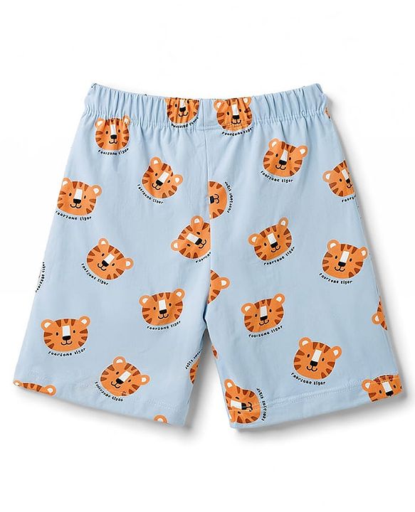 Babyhug 100% Cotton Knit Half Sleeves Co-Ords T-Shirt & Shorts Night Suit with Cub Face Print -Light Blue