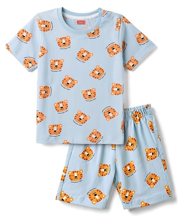 Babyhug 100% Cotton Knit Half Sleeves Co-Ords T-Shirt & Shorts Night Suit with Cub Face Print -Light Blue