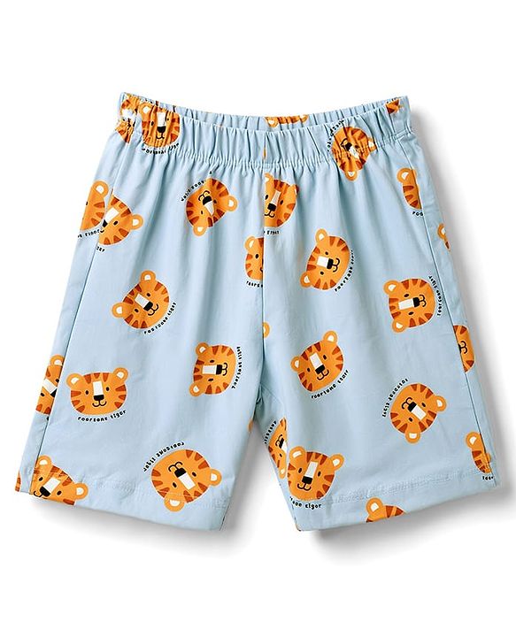 Babyhug 100% Cotton Knit Half Sleeves Co-Ords T-Shirt & Shorts Night Suit with Cub Face Print -Light Blue