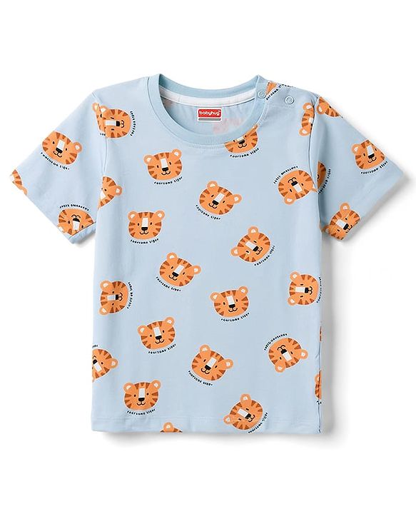 Babyhug 100% Cotton Knit Half Sleeves Co-Ords T-Shirt & Shorts Night Suit with Cub Face Print -Light Blue