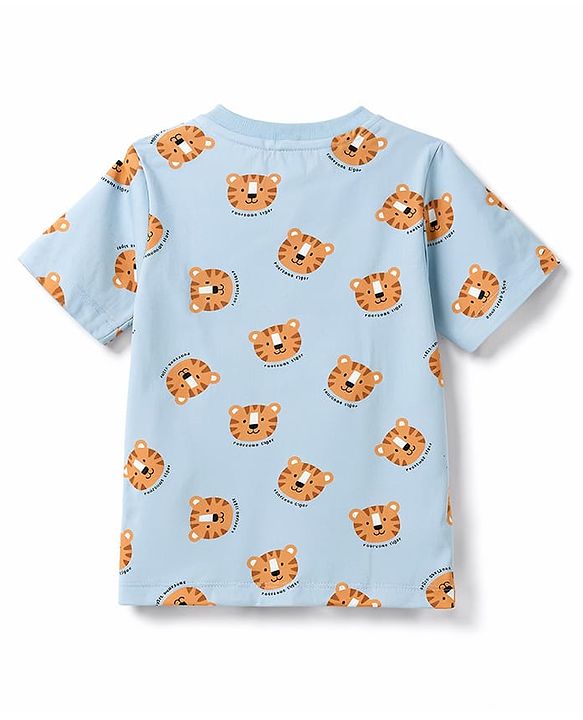 Babyhug 100% Cotton Knit Half Sleeves Co-Ords T-Shirt & Shorts Night Suit with Cub Face Print -Light Blue