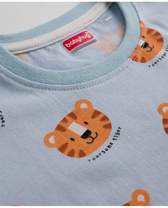 Babyhug 100% Cotton Knit Half Sleeves Co-Ords T-Shirt & Shorts Night Suit with Cub Face Print -Light Blue