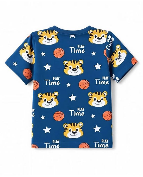Babyhug 100% Cotton Knit Half Sleeves Tiger Printed Co-Ords T-Shirt & Shorts Night Suit - Navy Blue