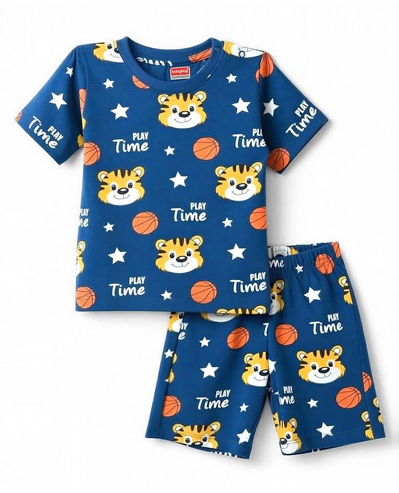 Babyhug 100% Cotton Knit Half Sleeves Tiger Printed Co-Ords T-Shirt & Shorts Night Suit - Navy Blue