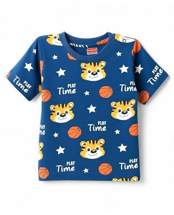 Babyhug 100% Cotton Knit Half Sleeves Tiger Printed Co-Ords T-Shirt & Shorts Night Suit - Navy Blue