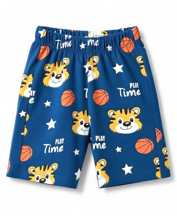 Babyhug 100% Cotton Knit Half Sleeves Tiger Printed Co-Ords T-Shirt & Shorts Night Suit - Navy Blue
