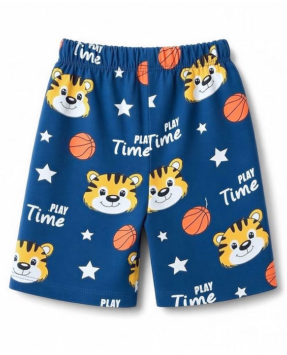 Babyhug 100% Cotton Knit Half Sleeves Tiger Printed Co-Ords T-Shirt & Shorts Night Suit - Navy Blue
