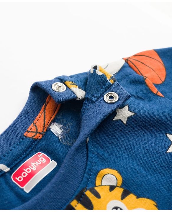 Babyhug 100% Cotton Knit Half Sleeves Tiger Printed Co-Ords T-Shirt & Shorts Night Suit - Navy Blue