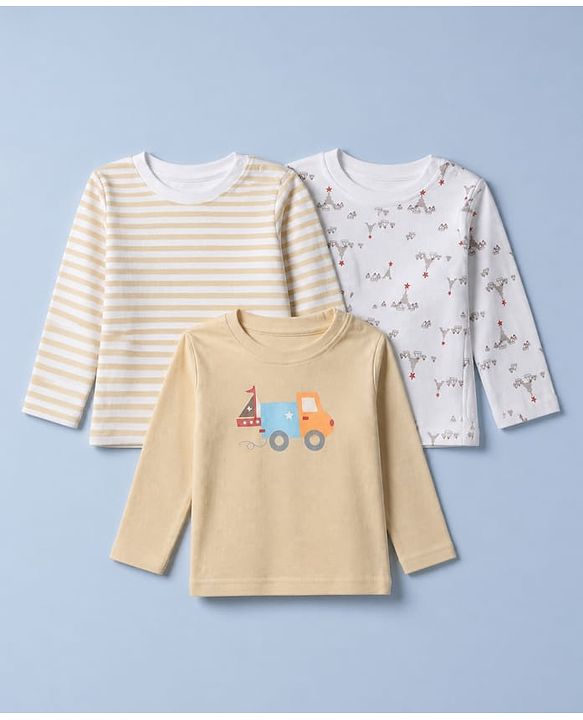 Babyhug 100% Cotton Interlock Knit T-Shirts with Full Sleeves and Stripes Print in Beige & White Color Pack of 3