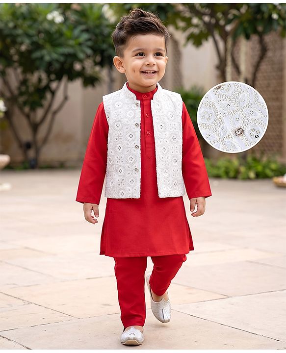 Babyhug Woven Full Sleeves Solid Colour Kurta Pyjama Set with Embroidered Nehru Jacket- Red & White