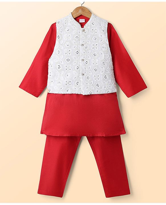 Babyhug Woven Full Sleeves Solid Colour Kurta Pyjama Set with Embroidered Nehru Jacket- Red & White