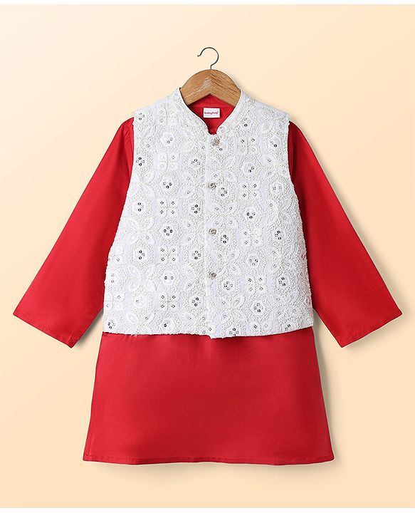 Babyhug Woven Full Sleeves Solid Colour Kurta Pyjama Set with Embroidered Nehru Jacket- Red & White