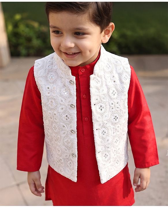 Babyhug Woven Full Sleeves Solid Colour Kurta Pyjama Set with Embroidered Nehru Jacket- Red & White