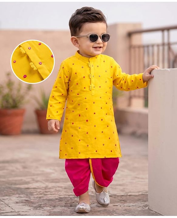 Babyhug Georgette Woven Full Sleeves Sequin Embroidered Kurta Dhoti Set - Red & Yellow