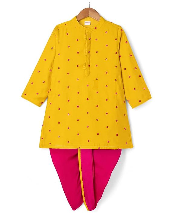 Babyhug Georgette Woven Full Sleeves Sequin Embroidered Kurta Dhoti Set - Red & Yellow
