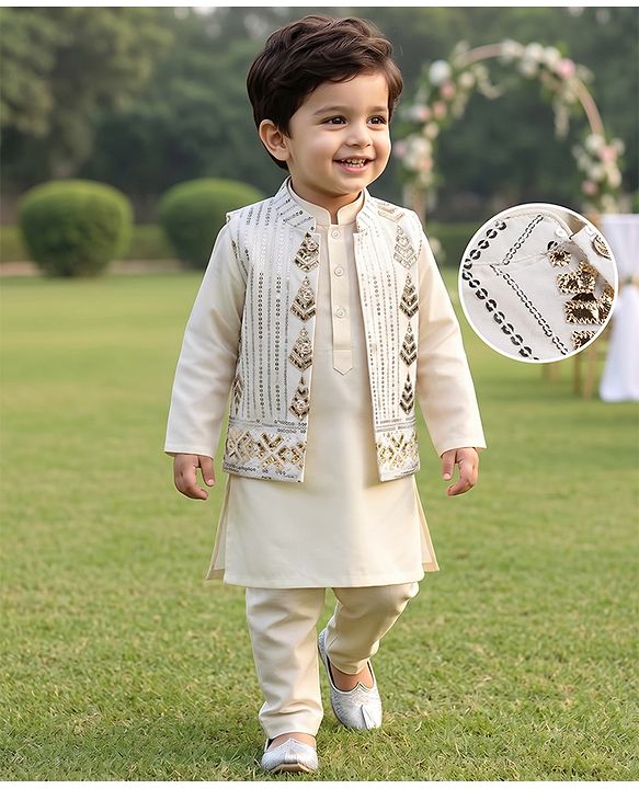 Babyhug Woven Full Sleeves Solid Kurta Pyjama Set With Embroidered & Sequinned Jacket - Beige