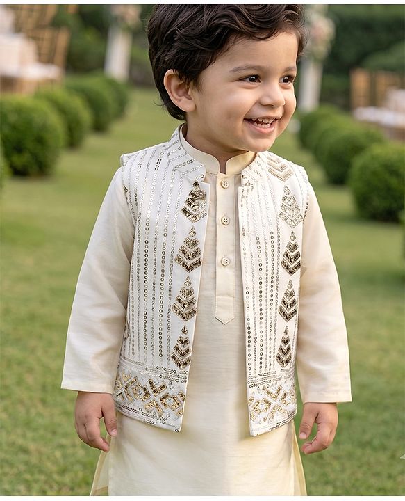 Babyhug Woven Full Sleeves Solid Kurta Pyjama Set With Embroidered & Sequinned Jacket - Beige