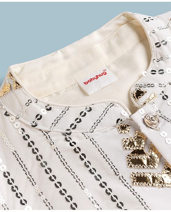 Babyhug Woven Full Sleeves Solid Kurta Pyjama Set With Embroidered & Sequinned Jacket - Beige