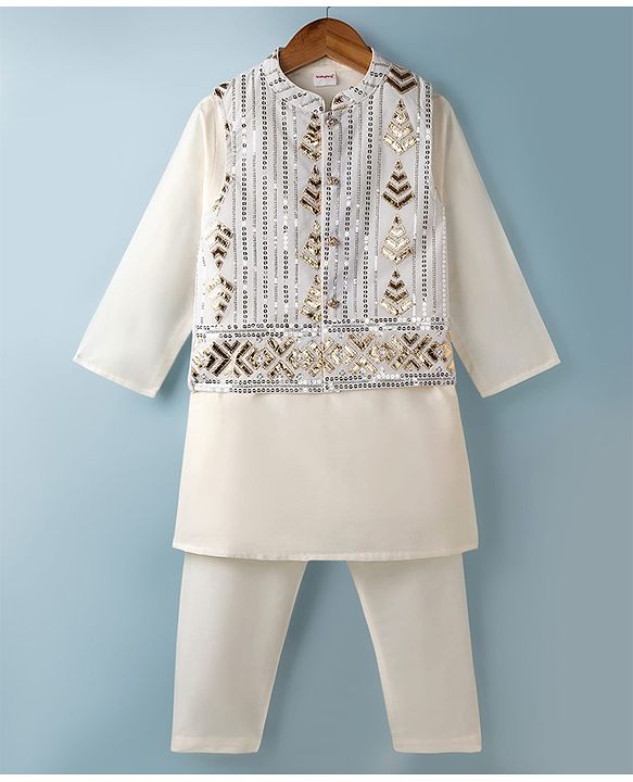 Babyhug Woven Full Sleeves Solid Kurta Pyjama Set With Embroidered & Sequinned Jacket - Beige